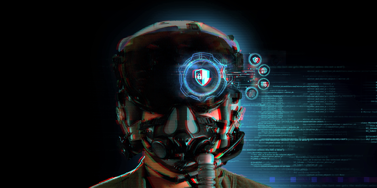 person wearing helmet with cyber graphics and icons over the left eye of the helmet (Photo Source: Digital Art Rendering From 123rf.com and U.S. Air Force)