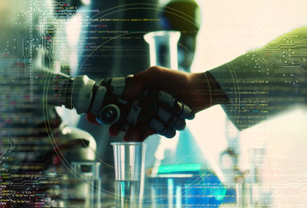 Robot and Scientist shaking hands. Programming code is present on the all sides of the image.