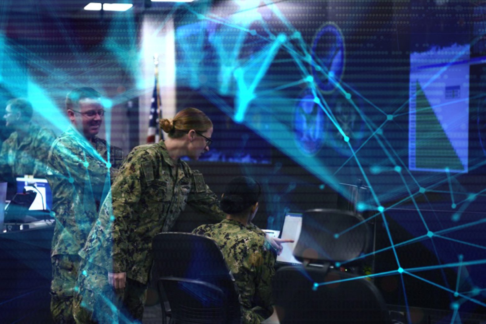 A graphic shows the watch floor of Navy Fleet Cyber Command.
