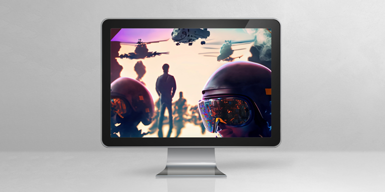 graphic of computer monitor with images of soldiers and helicopters on it; photo source: Canva