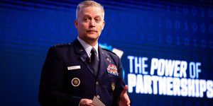 Air Force Gen. Timothy Haugh, commander of U.S. Cyber Command and director of the National Security Agency, gives the opening remarks at the Cyber Command’s Legal Conference at Joint Base Andrews, Md., Aug. 9, 2024.