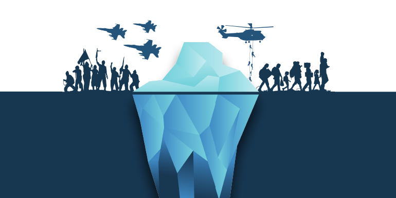 graphic showing an iceberg with people and aircraft above the water line (photo source: Canva)