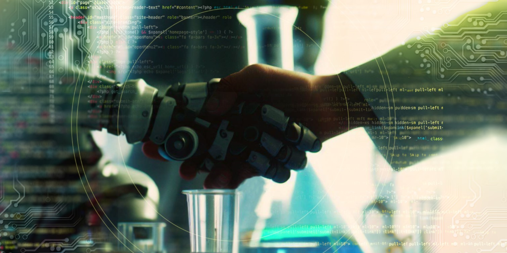 Robot and Scientist shaking hands. Programming code is present on the all sides of the image.