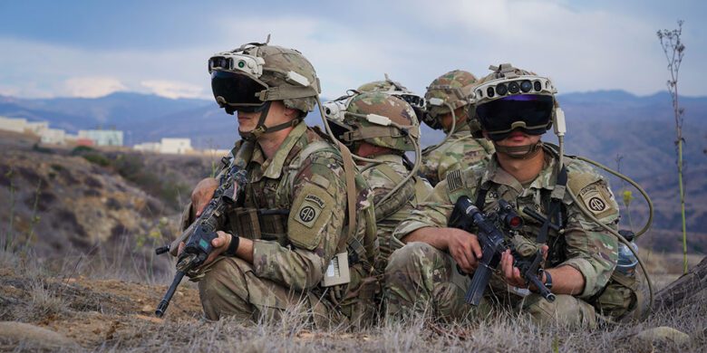 U.S. Soldiers, assigned to 82nd Airborne 3rd Brigade Combat Team, train with the Integrated Visual Augmentation System as a part of Project Convergence 2022 (PC22) at Camp Talega, California, Oct. 11, 2022. During PC22 many systems will be tested to determine how future command and control capabilities can be integrated with all-service multi-national partners (U.S. Army photo by Sgt. Thiem Huynh)