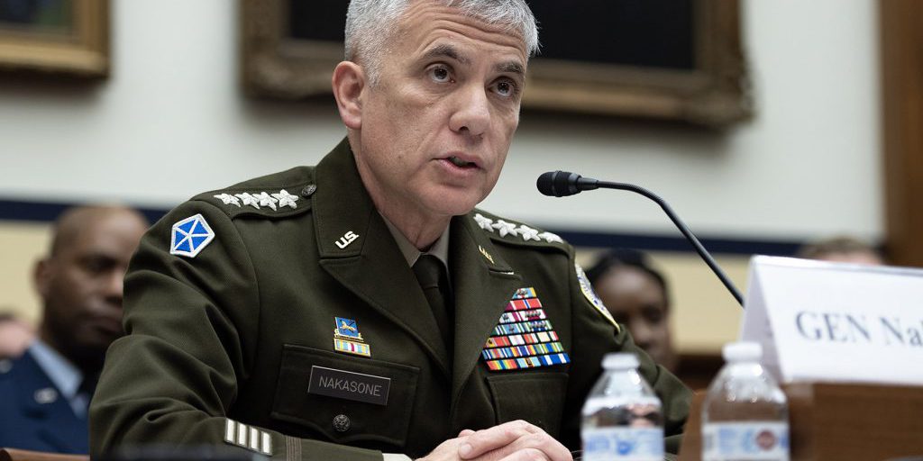 Army Gen. Paul Nakasone, Commander of U.S. Cyber Command,  testifies before the House Armed Services Committee in Washington, D.C., on March 30, 2023 (DoD photo by E. J. Hersom;
source: https://media.defense.gov/2023/May/02/2003213555/-1/-1/0/230330-D-DB155-003Y.JPG).